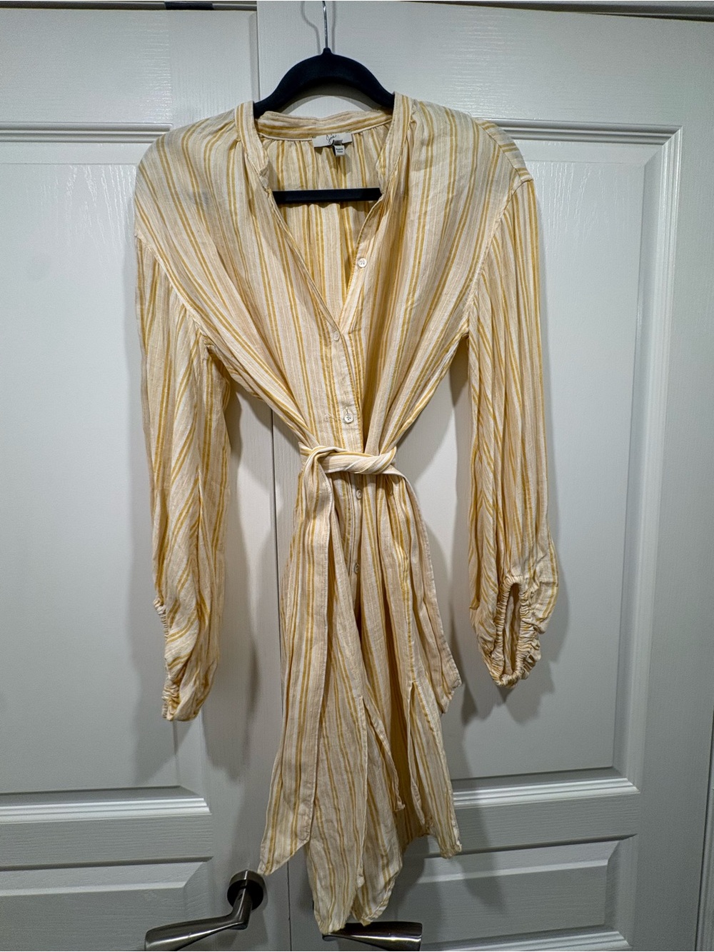 Joie Yellow Stripe Linen Long-Sleeve Tie-Back Dress Cover-up
